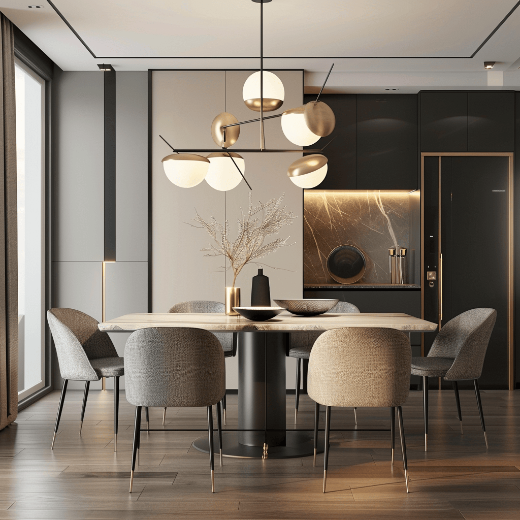 A modern dining room with stylish dining chairs in complementary designs that create a cohesive look and enhance the overall aesthetic