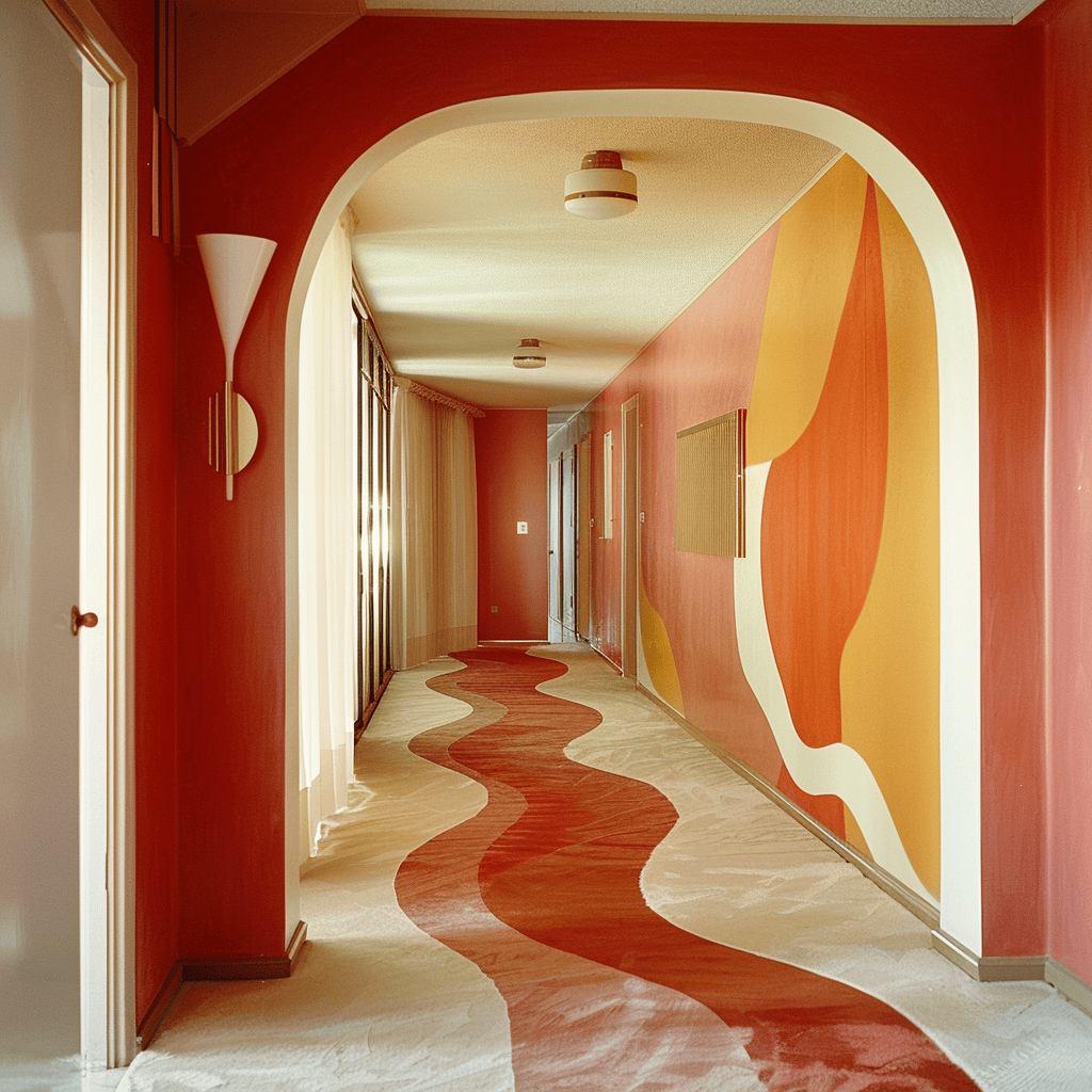 A modern hallway inspired by the bold, expressive design choices of the 1970s, incorporating vintage elements with contemporary touches, 35mm film photography1