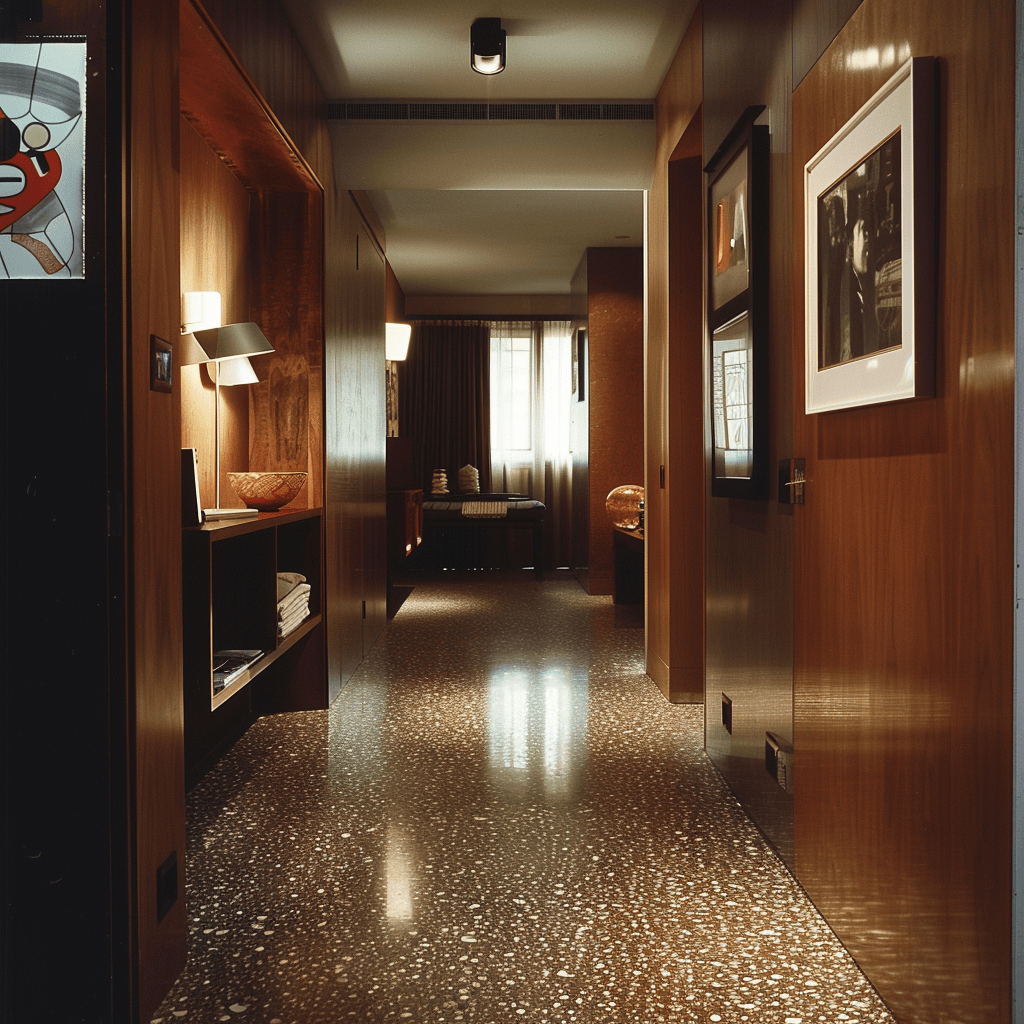 A modern hallway inspired by the bold, expressive design choices of the 1970s, incorporating vintage elements with contemporary touches, 35mm film photography4