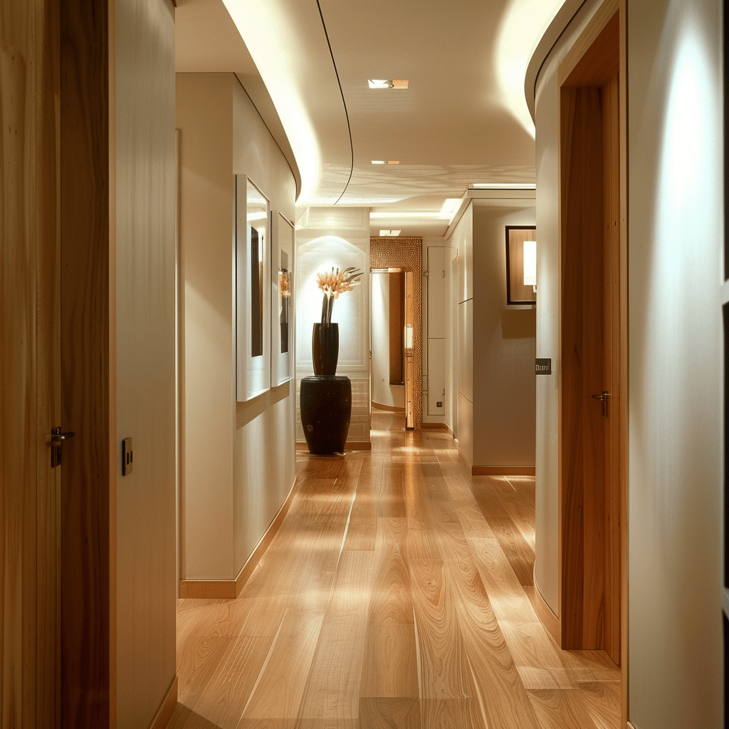 A modern hallway with warm, hardwood flooring that brings a touch of natural elegance to the space