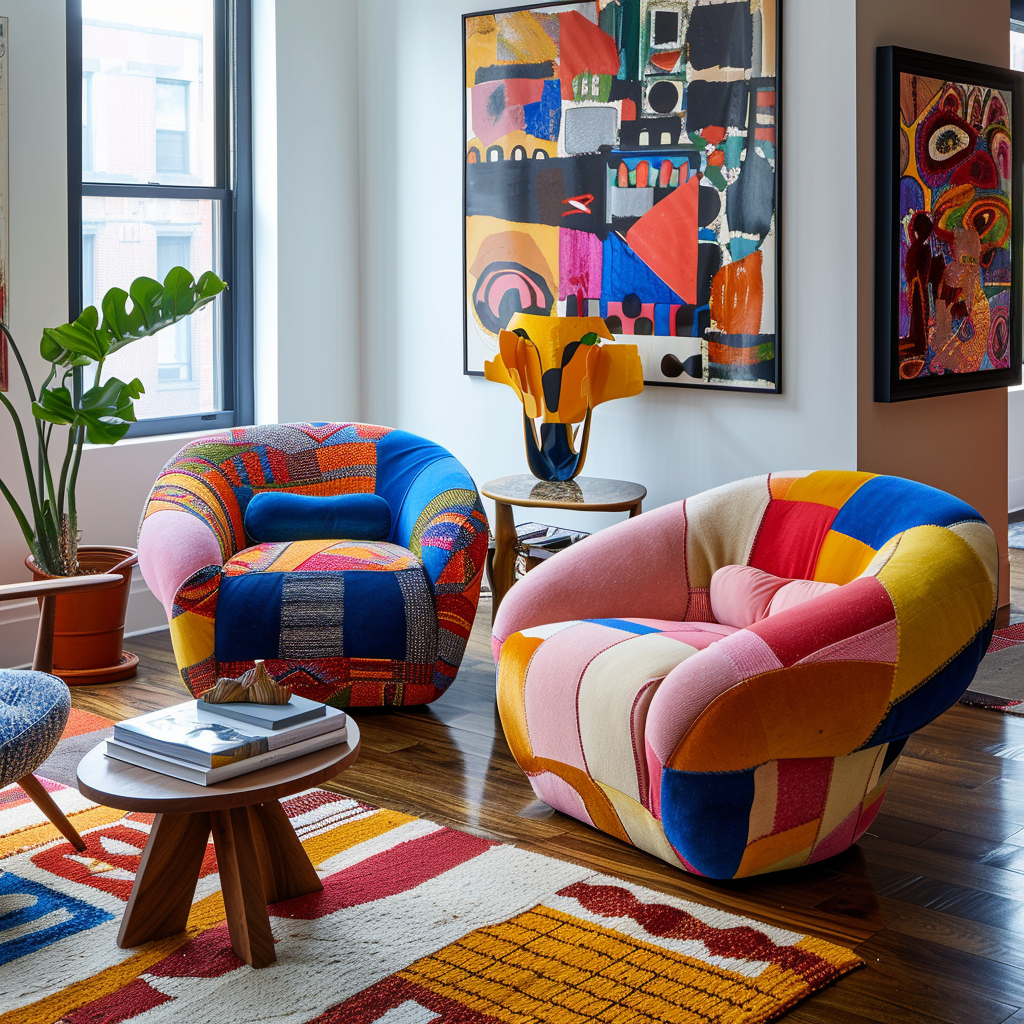 A modern interior displaying bright furniture and upholstery, with focal point items, diverse patterns, and bold shades that infuse character and visual intrigue into the area