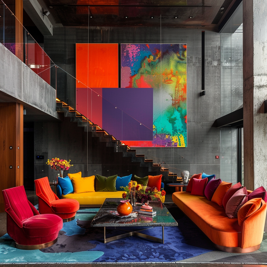 A modern interior displaying the incorporation of bold and vibrant hues, such as jewel tones, bright primary colors, and neon accents, generating a brave and lively atmosphere