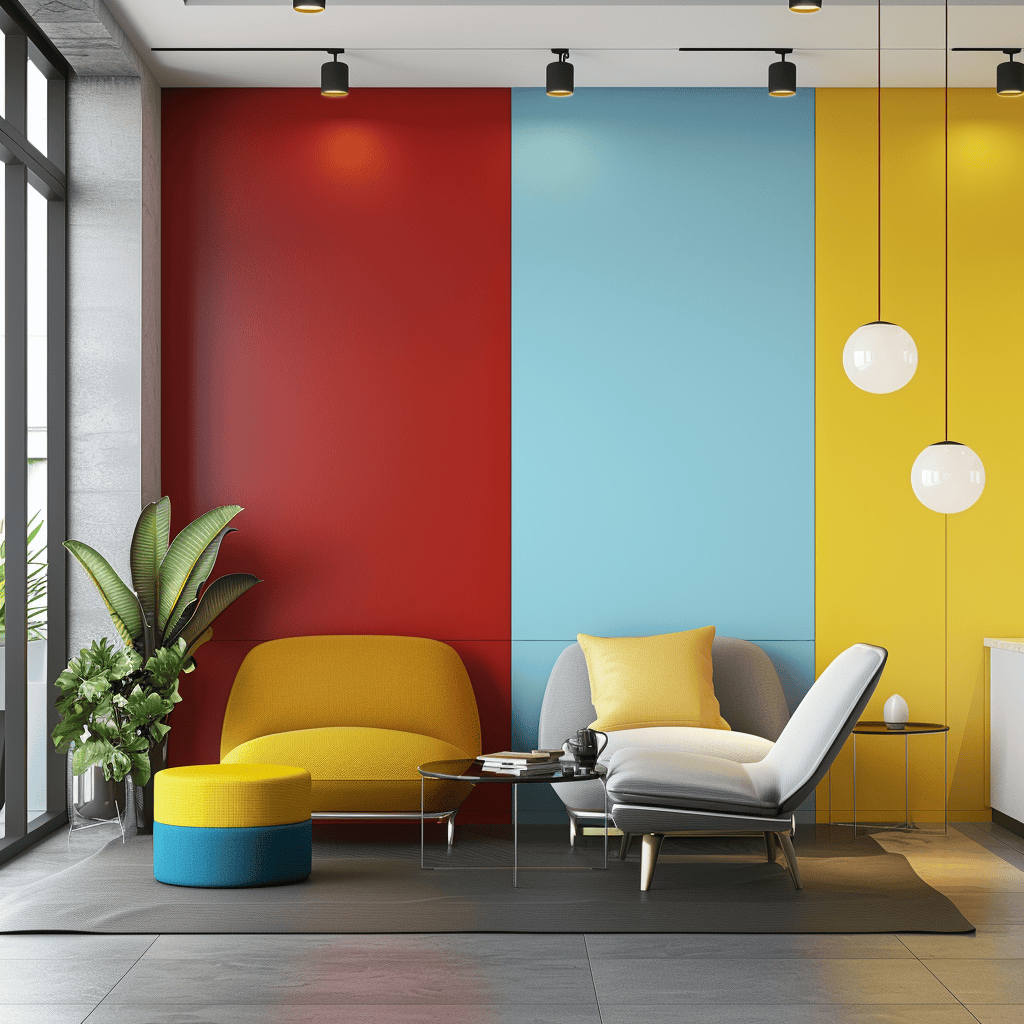 A modern interior divided into different sections, each showcasing a specific color scheme intended to create distinct moods, such as invigorating red, relaxing blue, and optimistic yellow