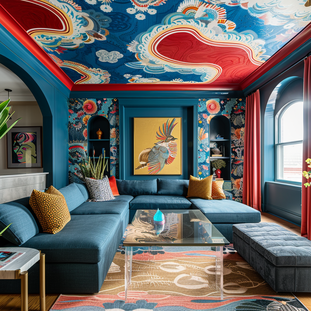 A modern interior featuring bold and creative applications of color on walls and ceilings, including painted accent walls, patterned wallpaper, and unexpected ceiling colors