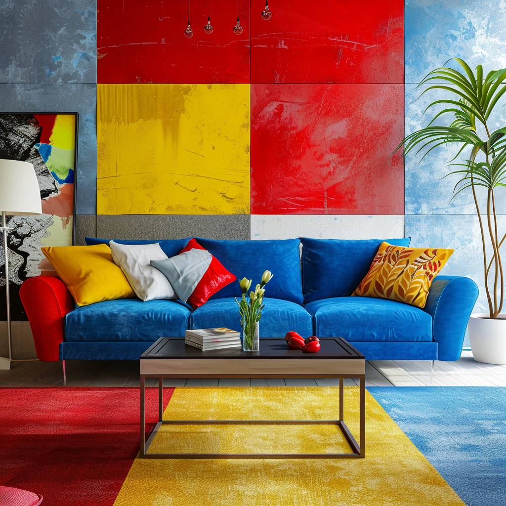 A modern interior showcasing a bold and dynamic triadic color scheme, integrating three evenly spaced colors from the color wheel, such as red, yellow, and blue, to produce visual interest and energy