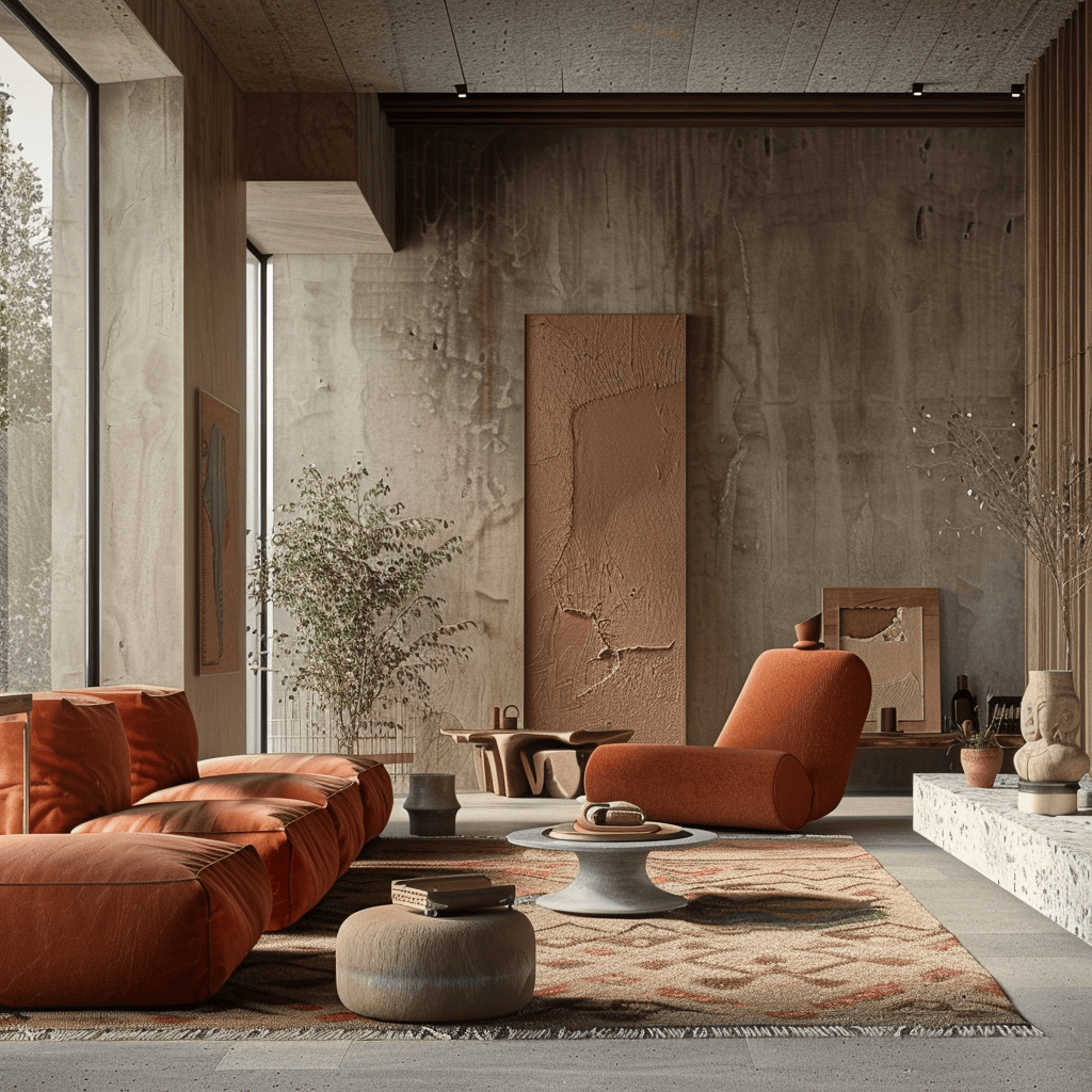 A modern interior that embraces the warmth and natural beauty of earth tones, with shades of terracotta, rust, olive, and sage green, complemented by natural materials like wood and stone