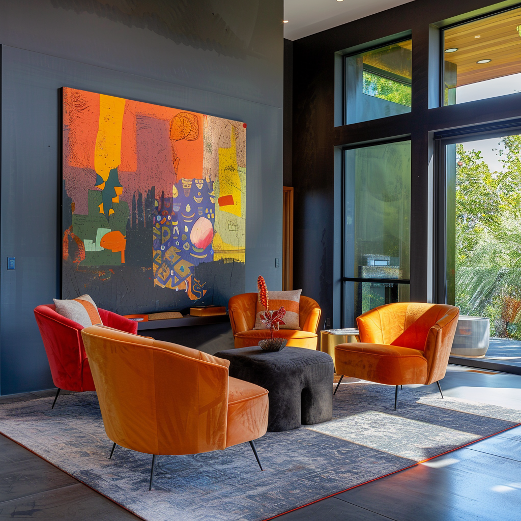 A modern interior that fearlessly embraces color, featuring a mix of bold and subtle hues, unique color combinations, and creative applications that reflect the homeowner's personal style
