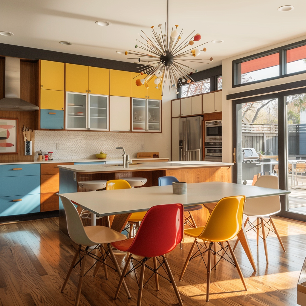 A modern kitchen or dining room that incorporates mid-century modern color palettes and design elements, such as colorful cabinetry or a vintage-inspired dining set3