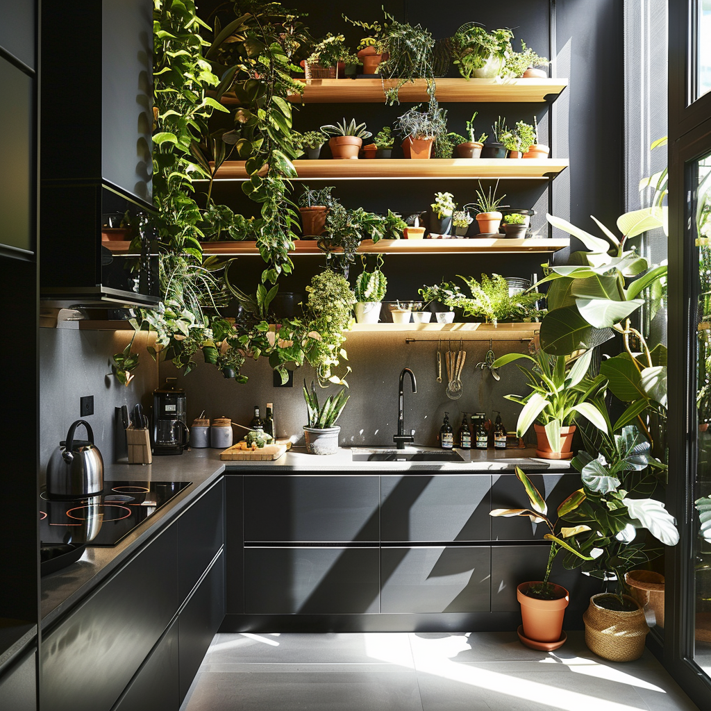 A modern kitchen with a variety of potted plants in different sizes, shapes, and textures, such as a trailing pothos, a sculptural succulent, or a blooming orchid, adding organic beauty and a sense of tranquility to the room