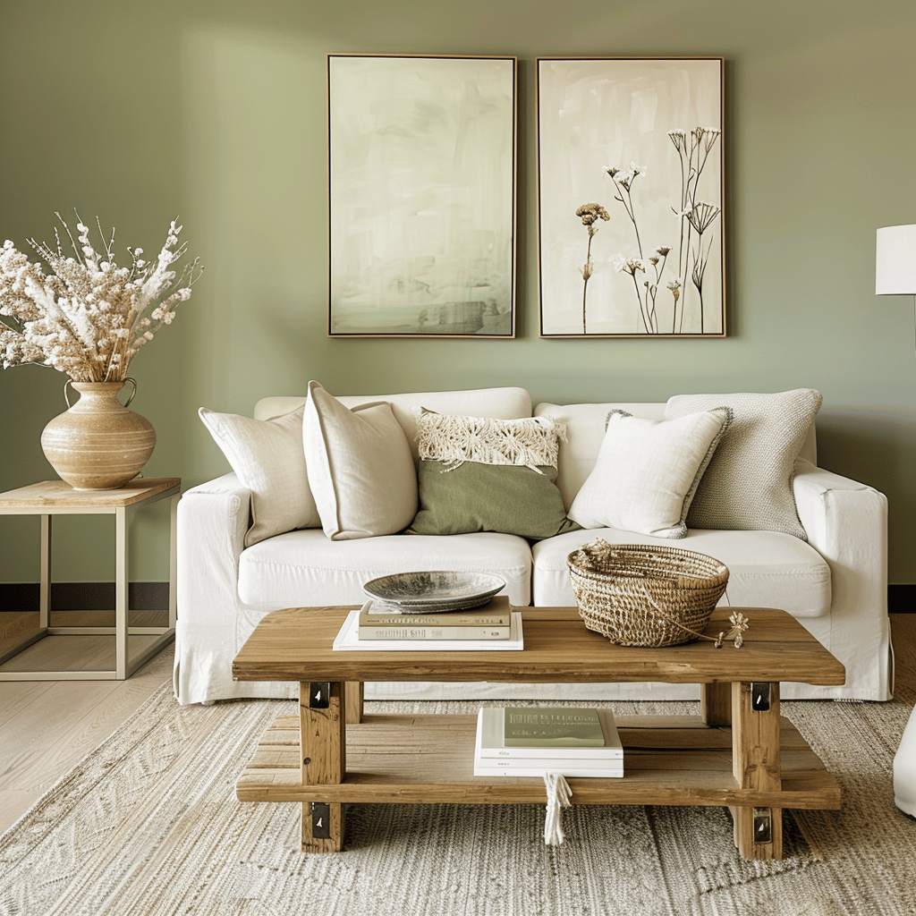 A modern living room incorporates English countryside colors through a soft sage green accent wall, rustic wooden coffee table, and vibrant wildflower hues in artwork and pillows