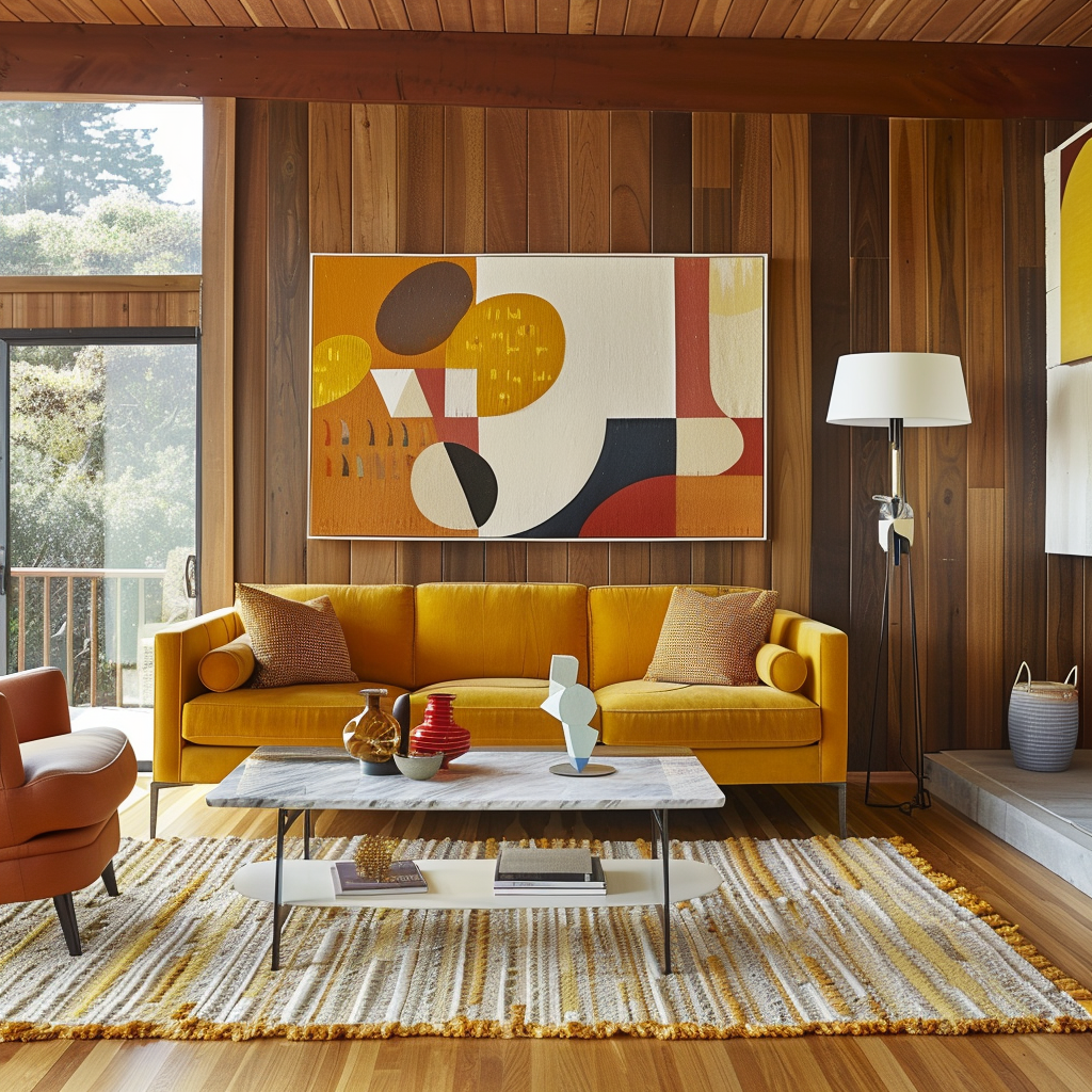 A modern living room that incorporates mid-century modern color principles in a fresh and updated way, suited for contemporary lifestyles3