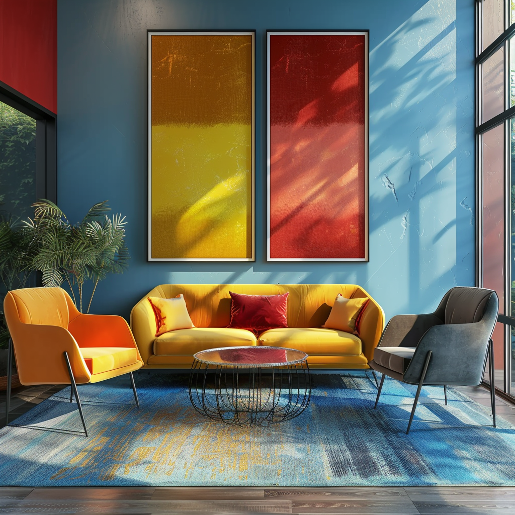 A modern living room with a triadic color scheme of red, yellow, and blue, evenly spaced on the color wheel and used in balanced proportions