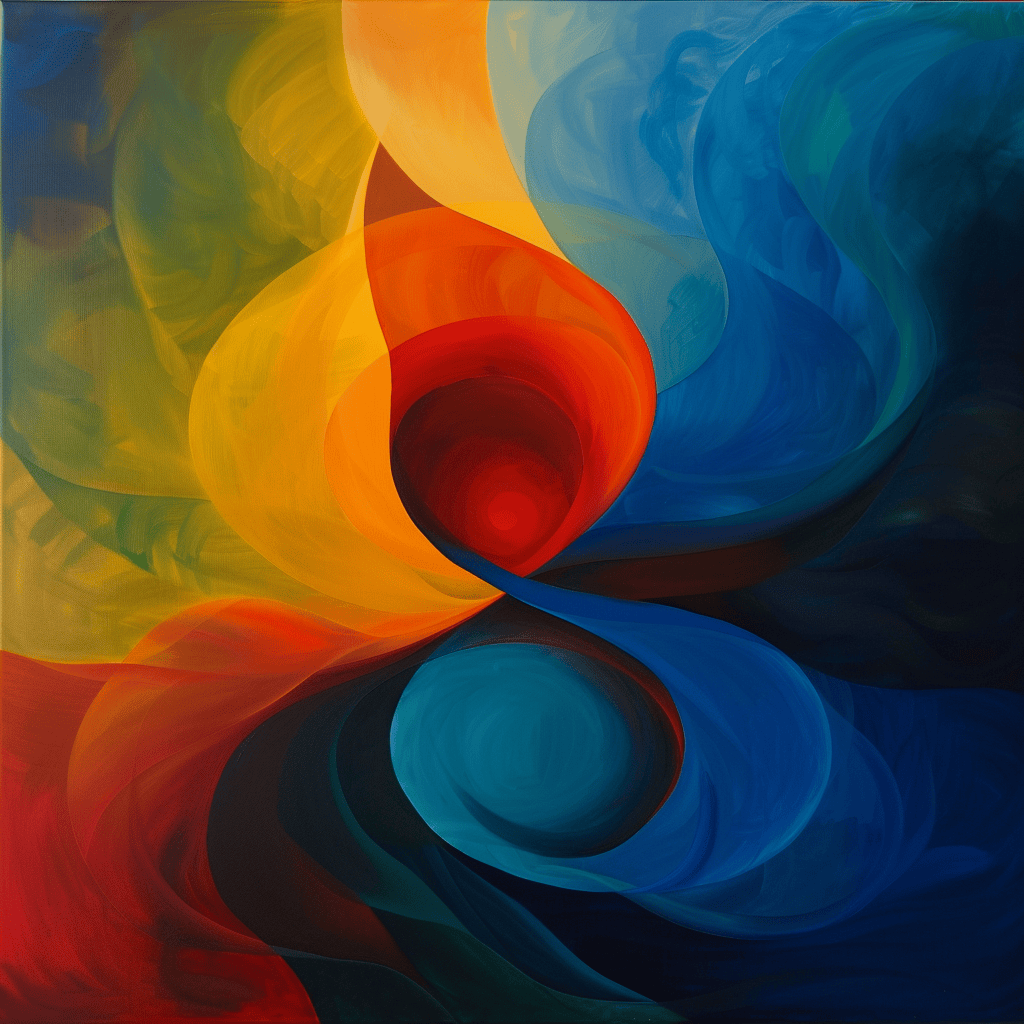 A modern, minimalist abstract artwork representing the emotional impact of colors, with a human figure surrounded by dynamic swirls of red, blue, and yellow