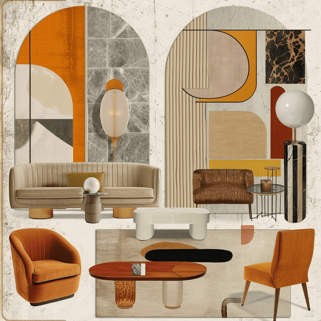 A montage of contemporary interior components, like furniture and accessories, in colors with cultural importance, alongside understated references to their corresponding cultural backgrounds