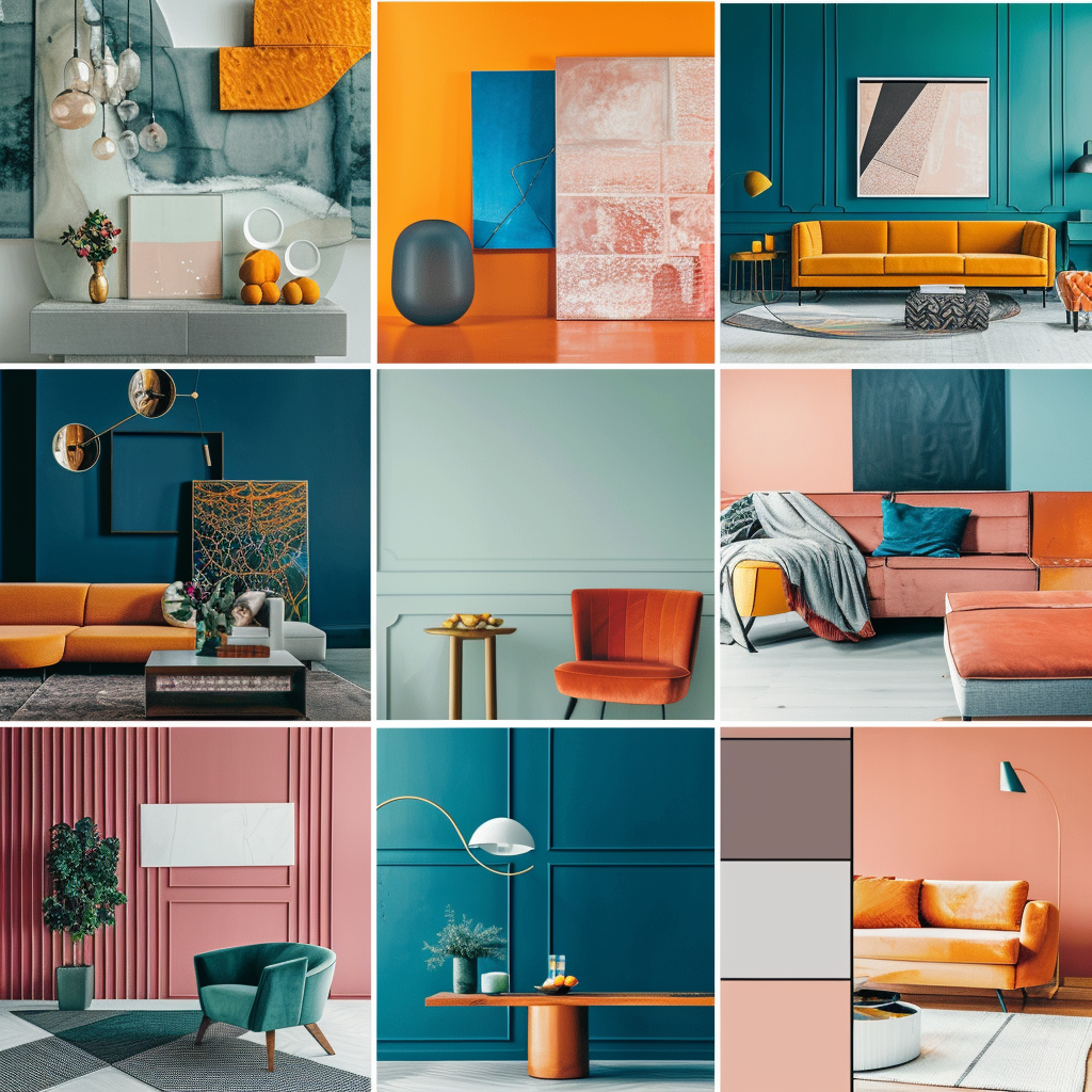 A montage of contemporary interior rooms mirroring the newest emerging color tendencies, showcasing a blend of daring and understated shades, distinctive color pairings, and inventive uses