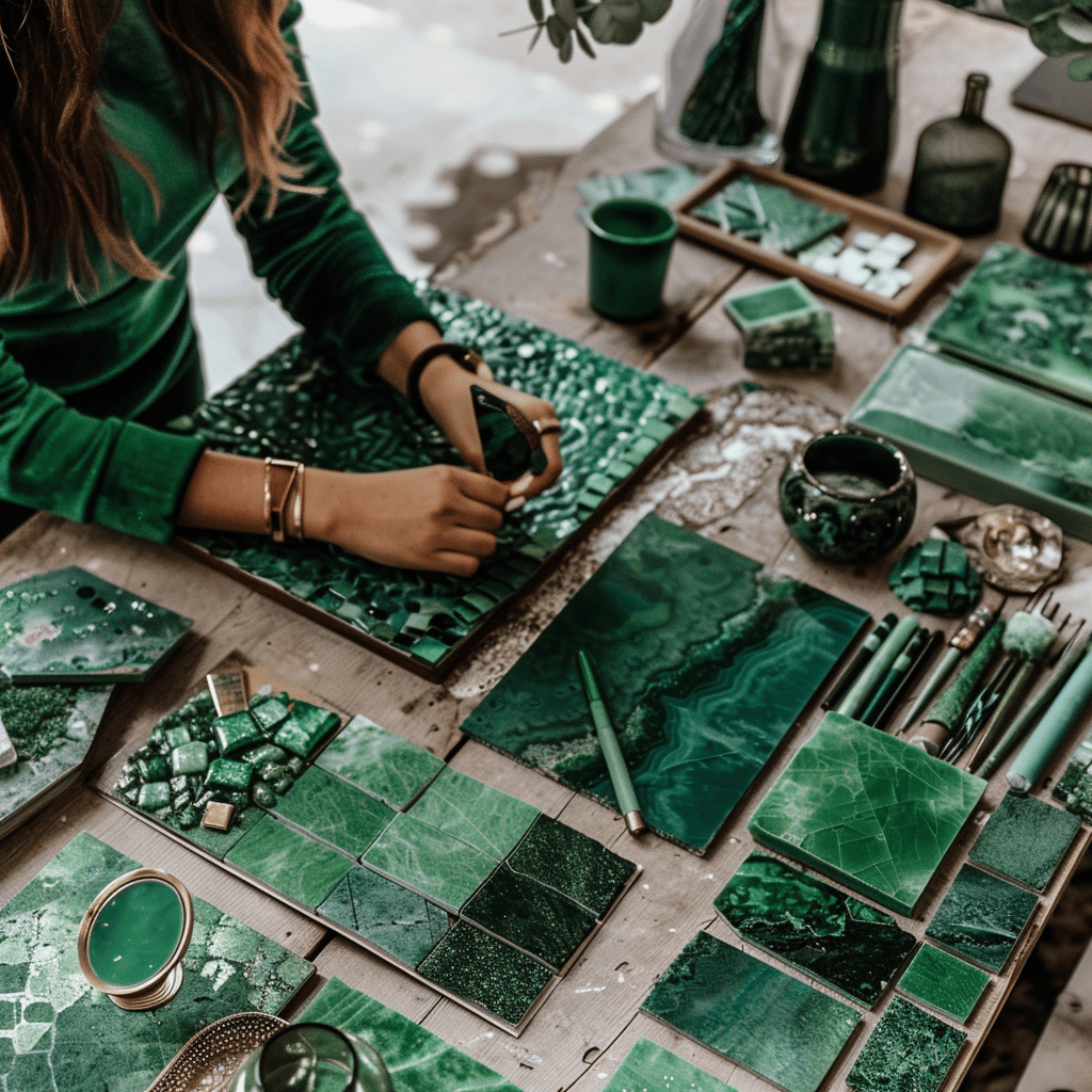 A moodboard that encapsulates the luxurious essence of emerald, blending deep jewel tones with lighter shades to create an opulent and vibrant interior palette