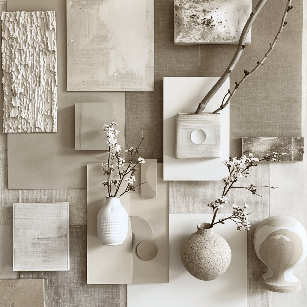 A moodboard with a curated selection of neutral color swatches, minimal decor items, and simple, uncluttered room vignettes, representing the process of editing and simplifying a color palette2