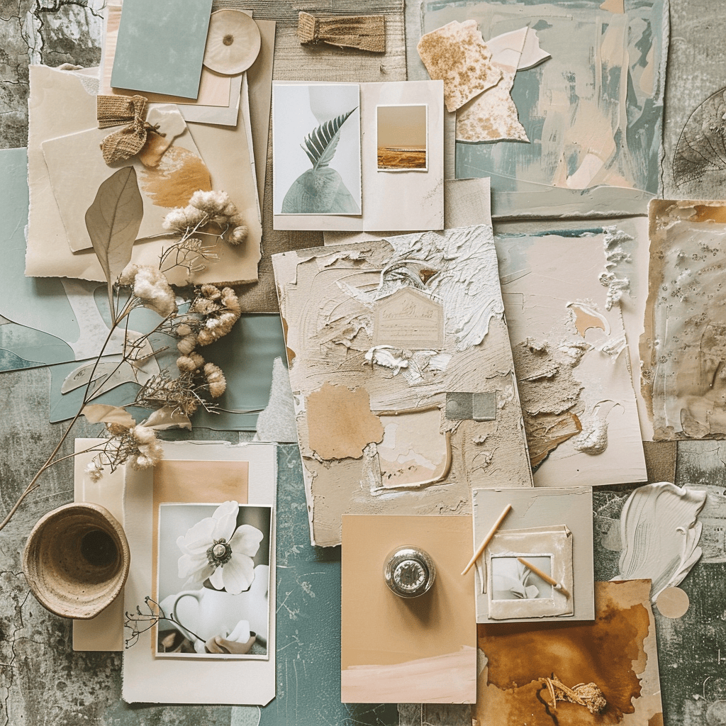 A moodboard with images and color swatches evoking tranquility and simplicity, including soft pastels, muted earth tones, and calming neutral hues