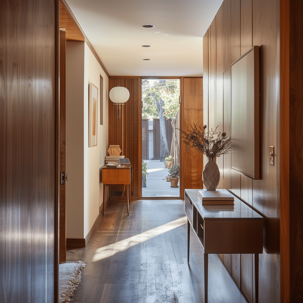 A narrow mid-century modern hallway that feels open and airy, thanks to clever storage solutions, vertical space utilization, and furniture with slender legs allowing light to flow freely1