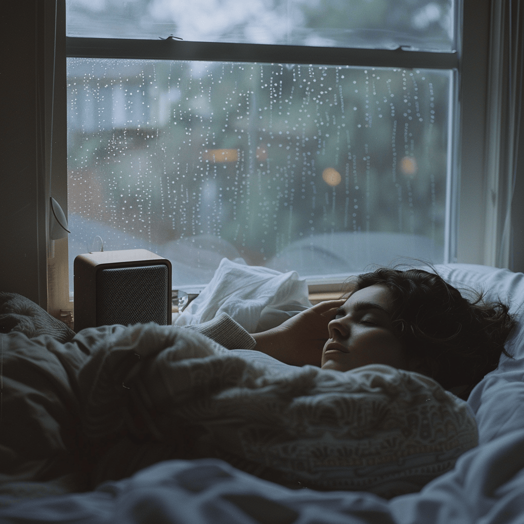 A person lying in bed, eyes closed, listening to the gentle sound of raindrops or ocean waves playing from a small speaker