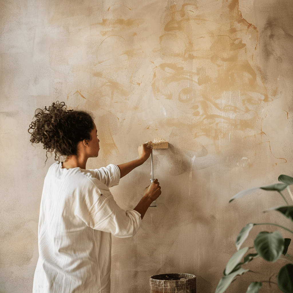 A person painting a bedroom wall with a low-VOC, eco-friendly paint in a soothing, earthy tone