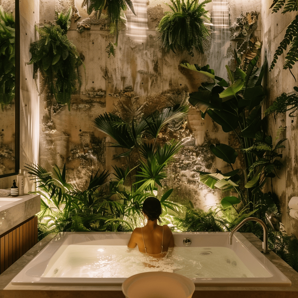 A person relaxing in a luxurious, spa-like bathroom, surrounded by lush greenery, soft lighting, and high-end finishes, symbolizing the long-term enjoyment of a well-executed remodel