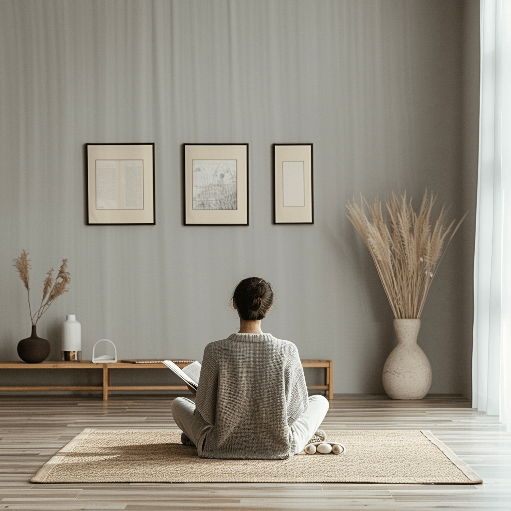 A person sitting in a peaceful, uncluttered minimalist living room, engaged in a calming activity like reading or meditating, showcasing the benefits of a minimalist color scheme