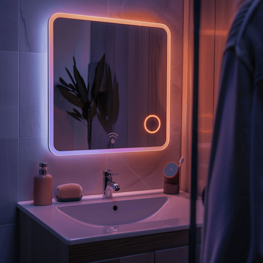 A person using voice commands to adjust the lighting and interact with a smart mirror in a high-tech bathroom, showcasing the convenience of hands-free technology