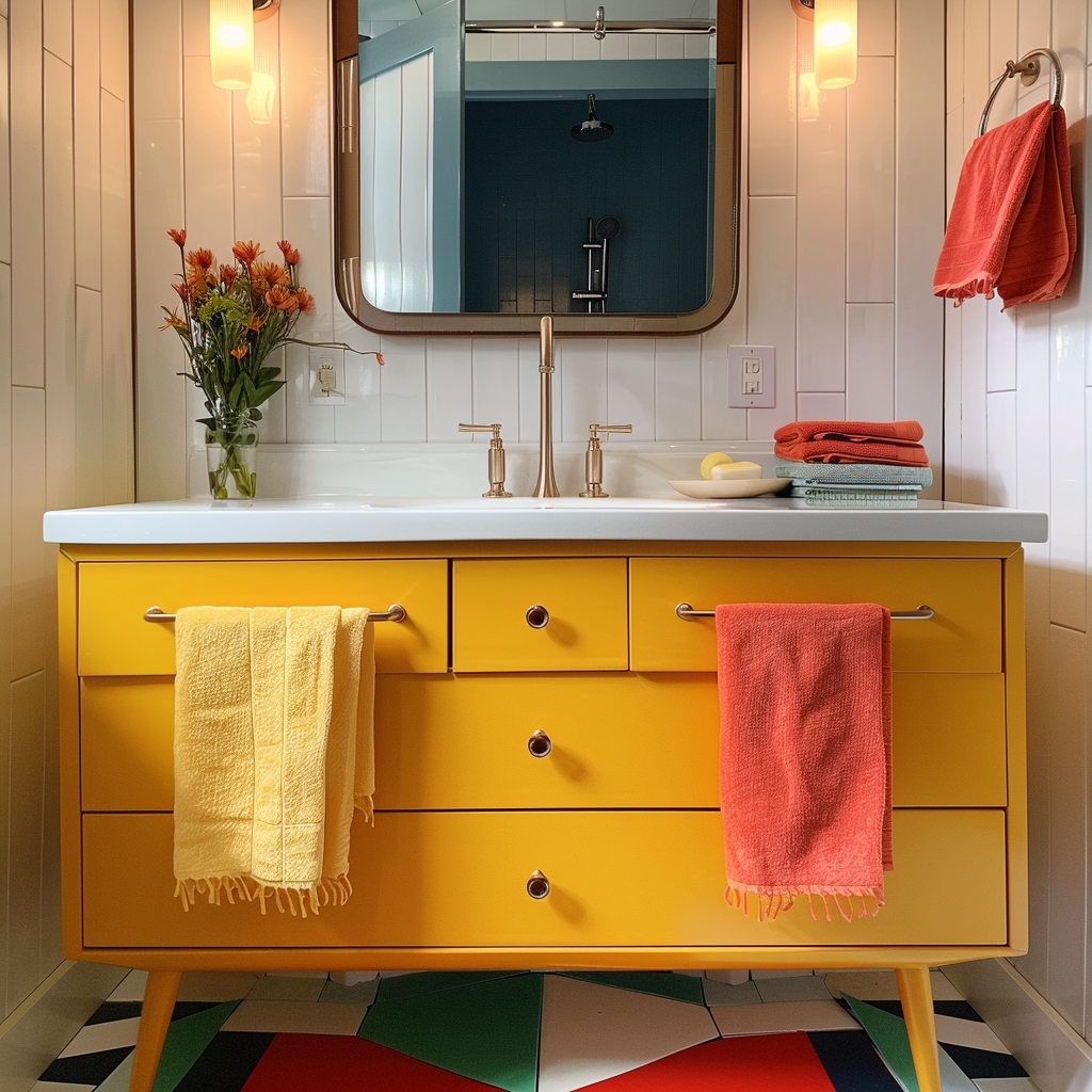 A playful mid-century modern bathroom with a brightly colored vanity or set of vibrant towels, adding a pop of personality and visual interest to the space4