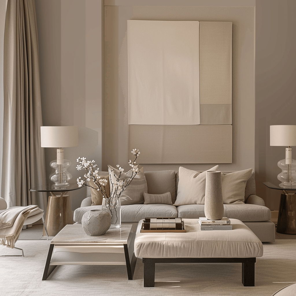 A refined modern interior displaying a range of warm and cool neutral colors, including various shades of gray, beige, taupe, white, and off-white