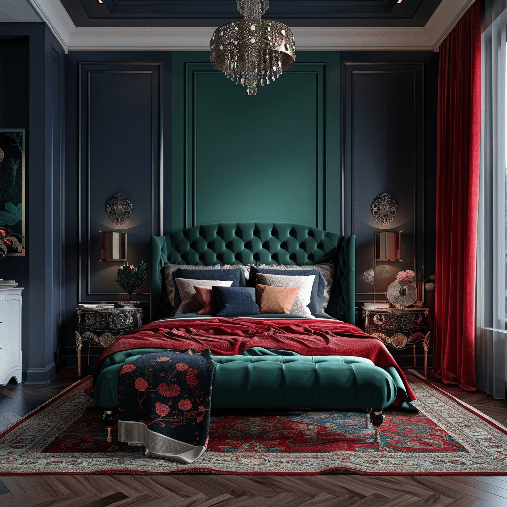 A regal modern dining room with jewel tones of royal blue, jade green, and topaz yellow, incorporated through a dramatic, tufted velvet dining chair set and shimmering curtains