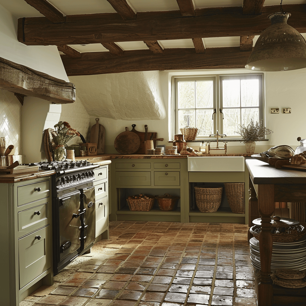 A rustic English countryside kitchen featuring exposed wooden beams, terracotta floor tiles, and olive green cabinets, creating a warm and inviting atmosphere