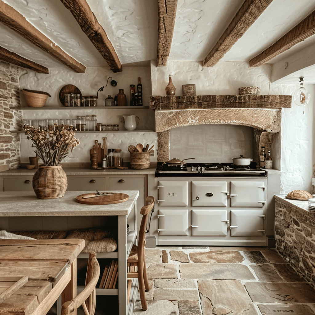 A rustic English countryside kitchen with a cozy atmosphere and natural materials, capturing the essence of rural charm and simplicity .png