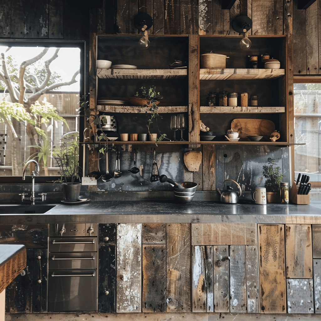 A rustic, eco-friendly kitchen with cabinets made from reclaimed wood, salvaged from old barns or factories, showcasing the unique character and patina of the repurposed material