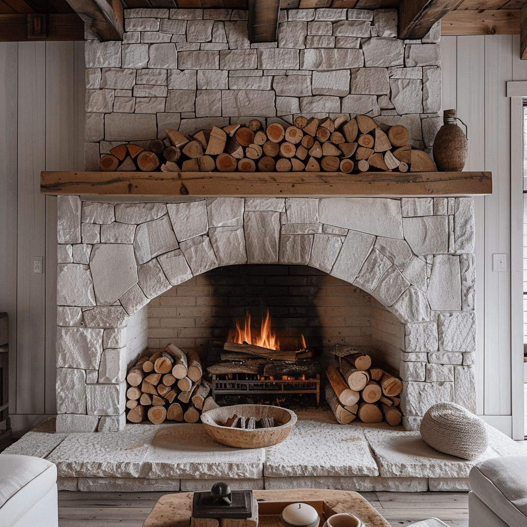 A rustic log holder or woven basket filled with firewood and fireplace tools like tongs, pokers, and brushes, contributing to the charm and functionality of an English countryside living room's fireplace