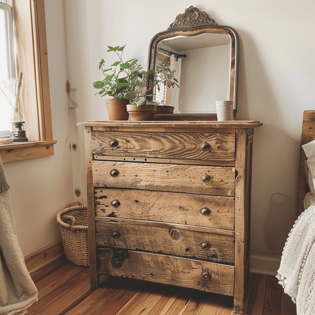 A rustic, reclaimed wood dresser in a bedroom, with a small potted plant and a vintage-inspired mirror on top