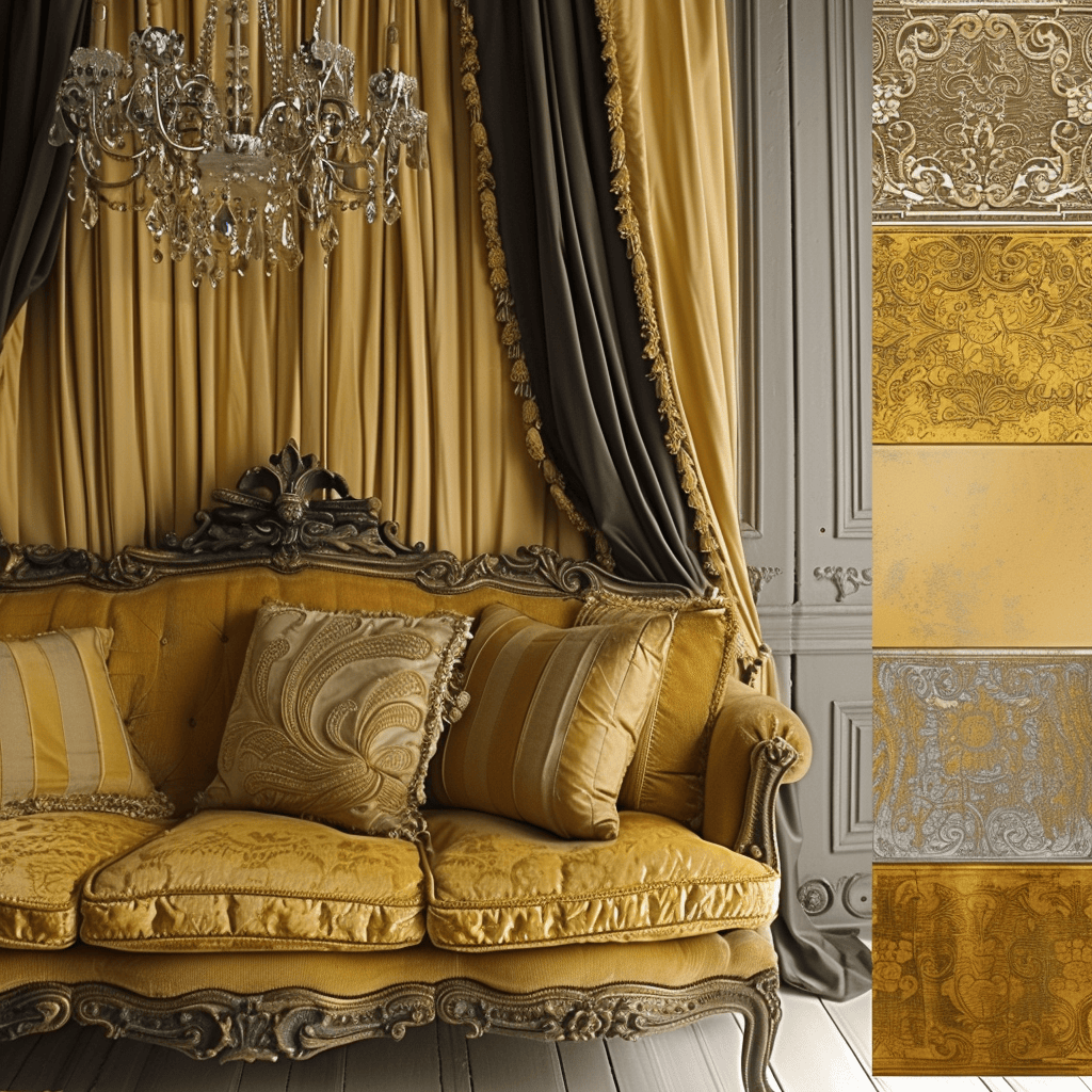 A selection of gold and mustard yellow tones on a moodboard, illustrating their capacity to infuse Victorian decor with brightness and elegance