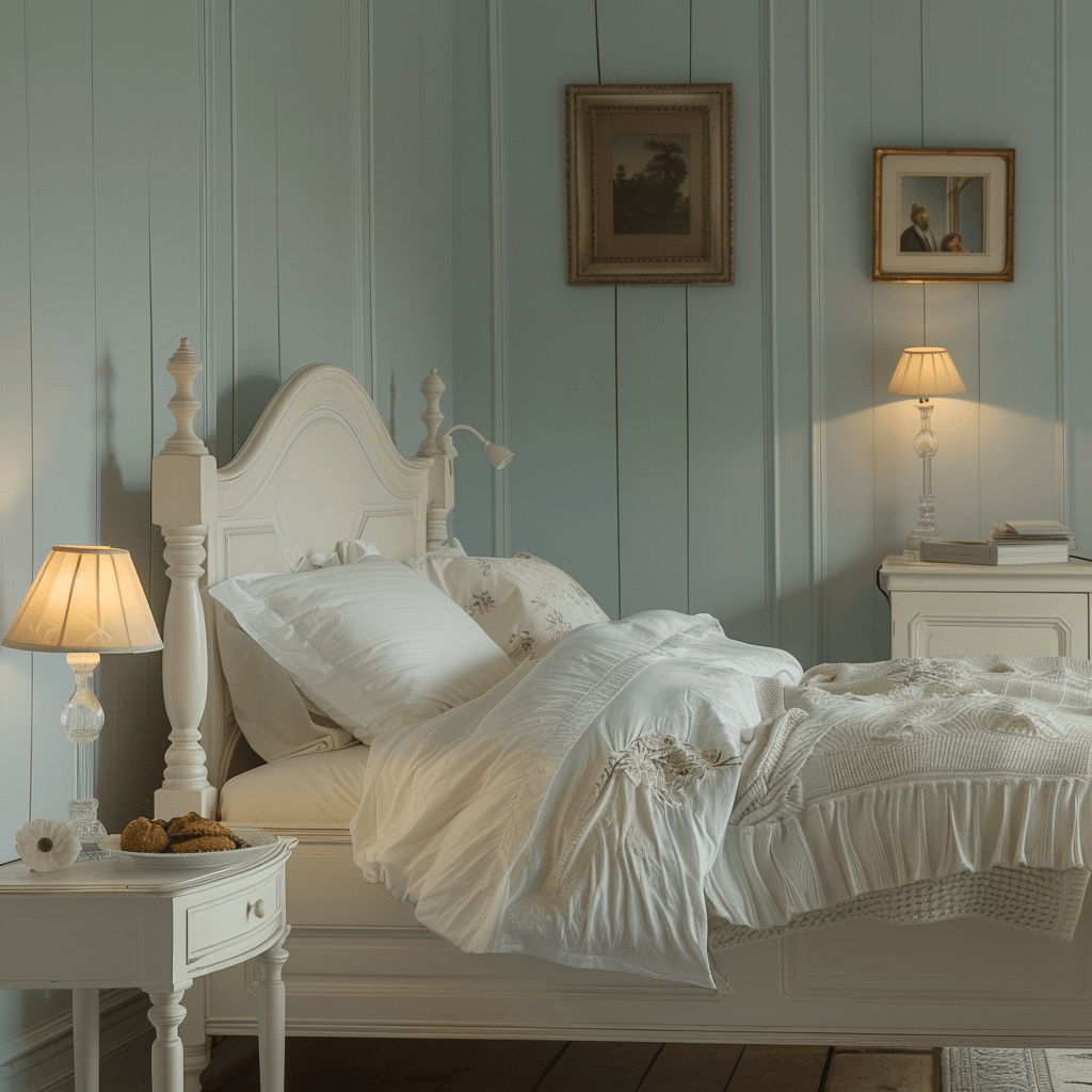 A serene English countryside bedroom with muted blue walls, a creamy white wooden bed frame, and gentle, diffused lighting from frosted glass table lamps, creating a calming, restful environment