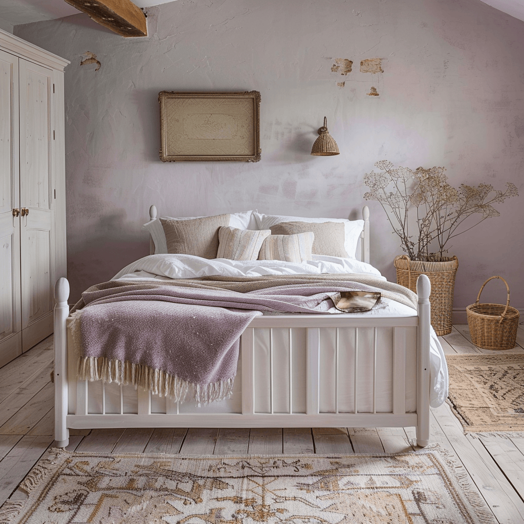 A serene English countryside bedroom with muted lavender walls, a creamy white wooden bed frame, woven baskets for storage, and a vintage-inspired rug in complementary earthy tones