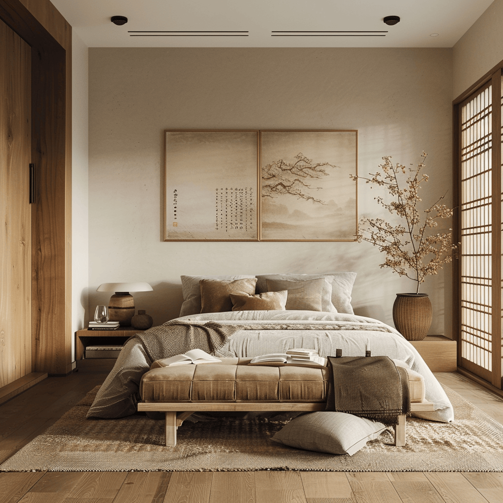 A serene Japandi bedroom that demonstrates the value of incorporating multifunctional furniture, such as an ottoman or bench that offers both seating and storage
