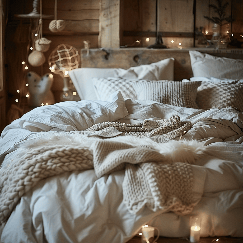 A serene Japandi bedroom that embodies the essence of winter warmth, with a fluffy duvet, cozy knit blankets, and plush faux fur throws, complemented by the soft illumination of bedside lamps and twinkling string lights