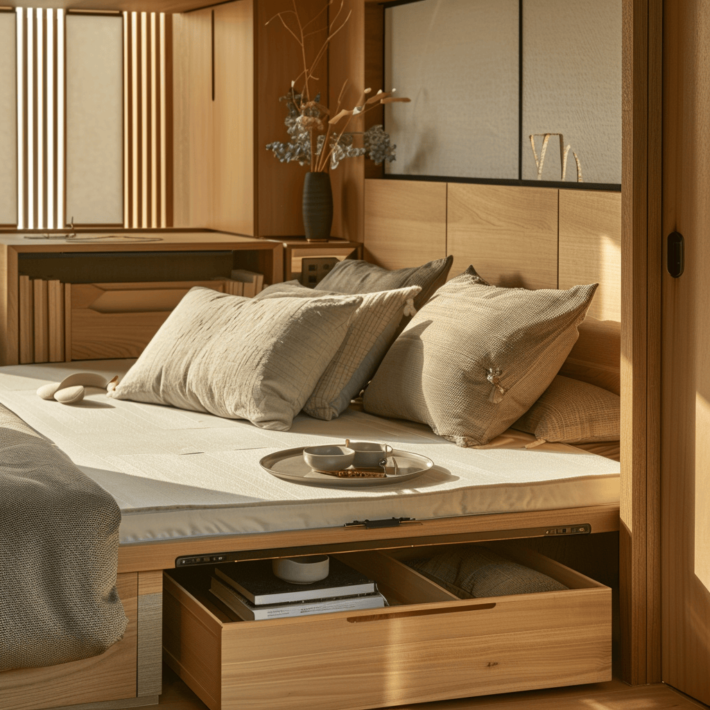 A serene Japandi bedroom that highlights the ingenuity of multifunctional furniture solutions, such as a platform bed with integrated drawers, a dual-purpose daybed, and a space-saving, fold-away desk