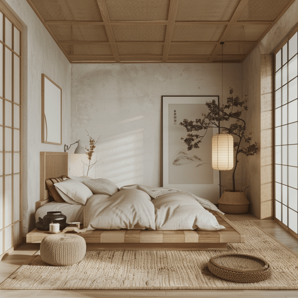 A serene Japandi bedroom that serves as a testament to the power of simplicity in creating a harmonious and nurturing space, with its minimalist approach, connection to nature, and emphasis on fostering a calm and centered state of mind