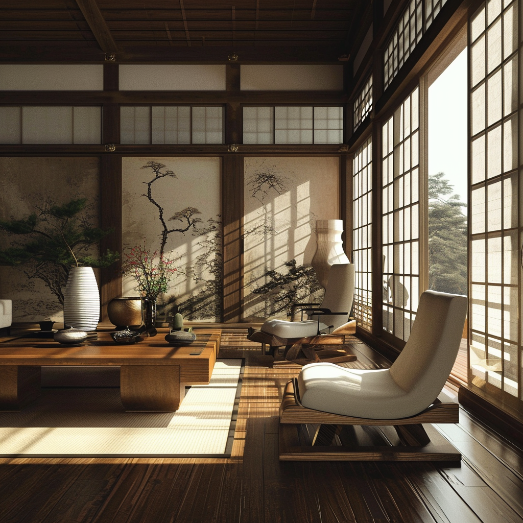 A serene Japanese-style living room with tatami mat flooring and shoji screens.