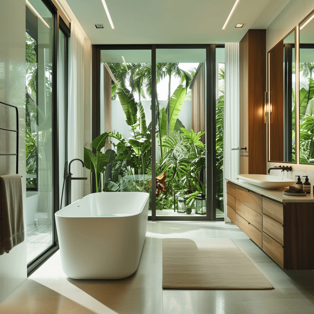 A serene and inviting bathroom with a freestanding bathtub, double vanity, and large windows overlooking a lush garden, bathroom