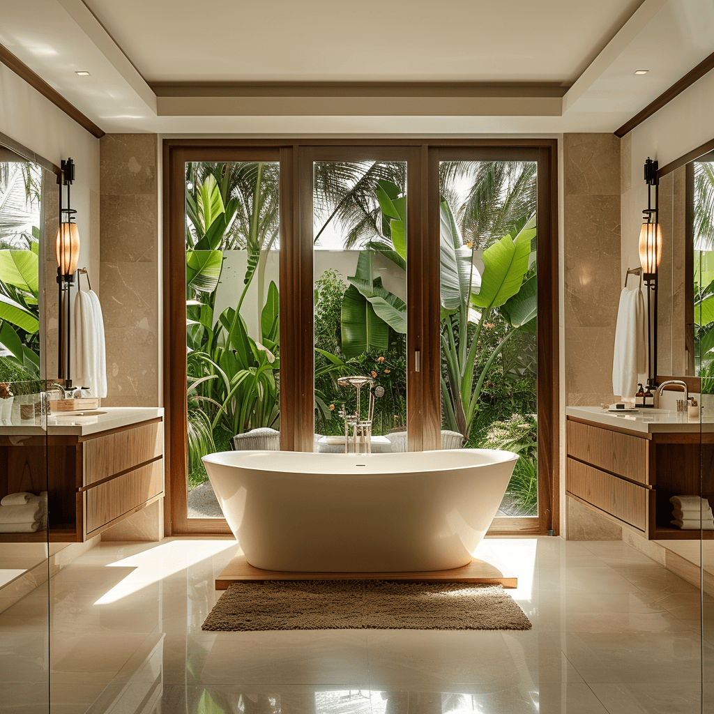 A serene and inviting bathroom with a freestanding bathtub, double vanity, and large windows overlooking a lush garden, bathroom