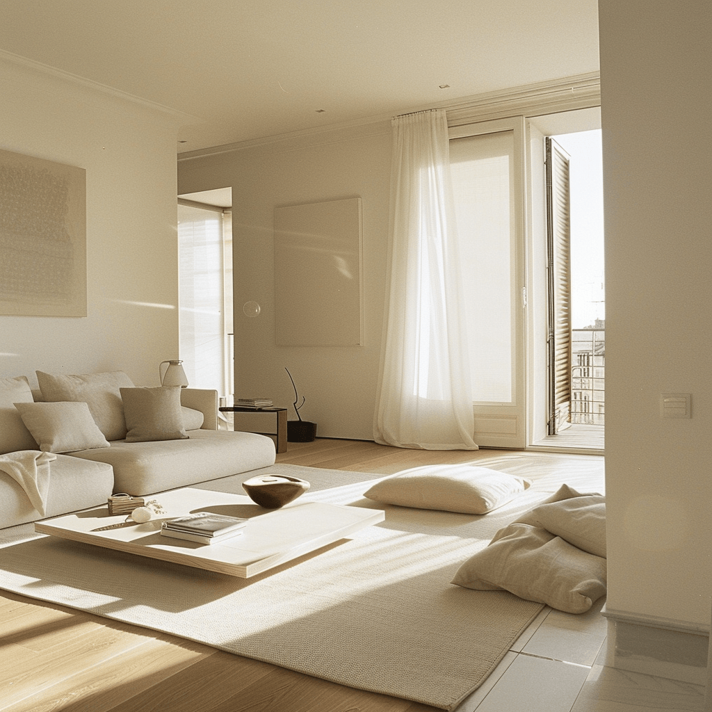 A serene and uncluttered minimalist living room with neutral colors, essential furniture, and a peaceful atmosphere, promoting simplicity and tranquility in the interior design