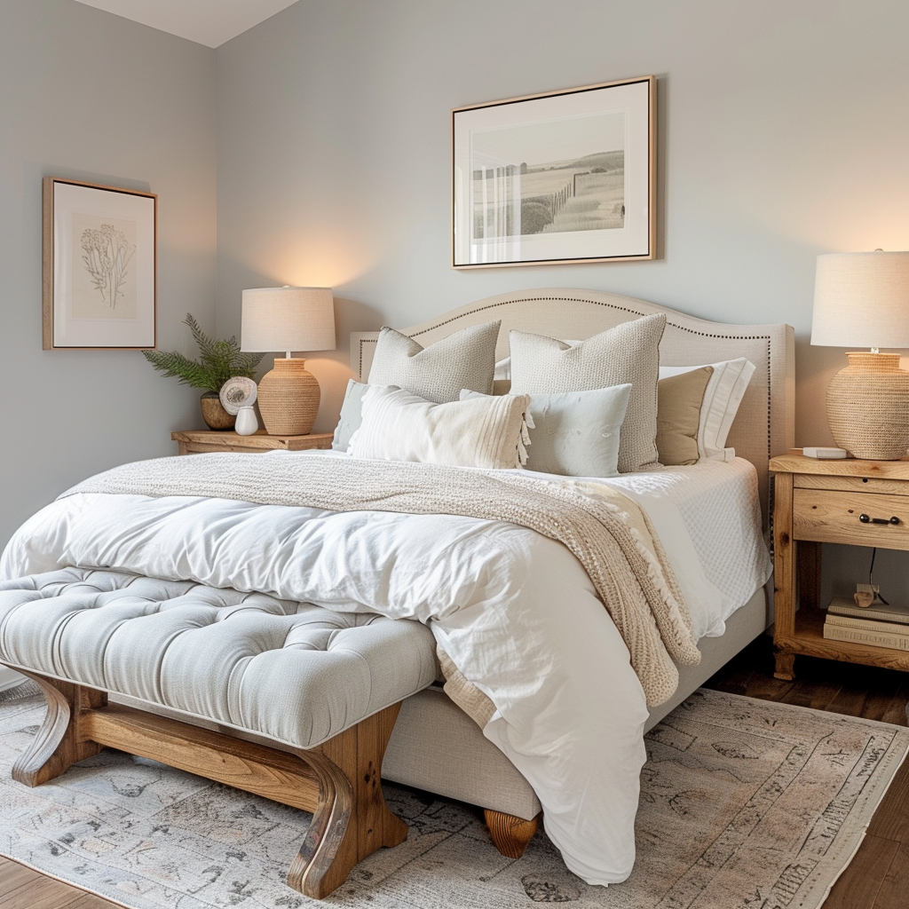 A serene bedroom painted in soft gray and accented with crisp white linens and natural wood furniture