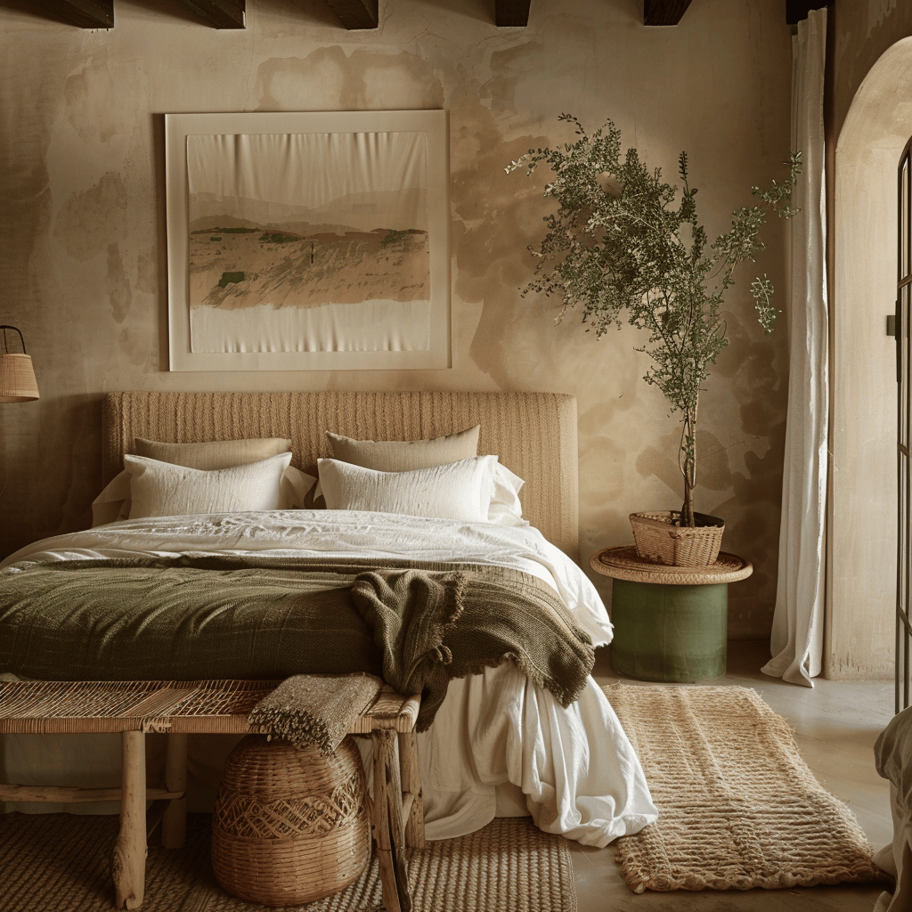 A serene bedroom with walls painted in warm, earthy hues, complemented by natural wood furniture and green accents