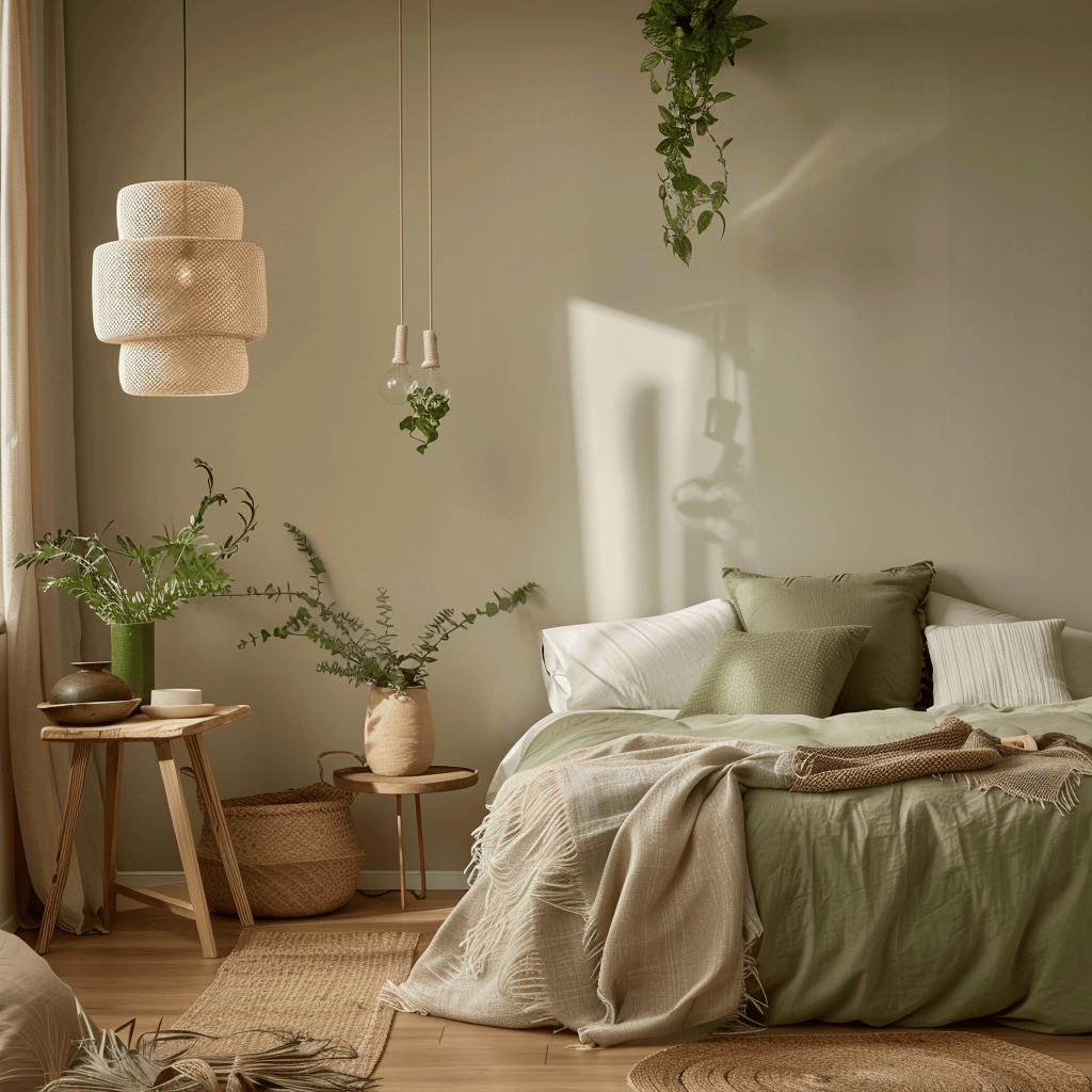 A serene bedroom with walls painted in warm, earthy hues, complemented by natural wood furniture and green accents